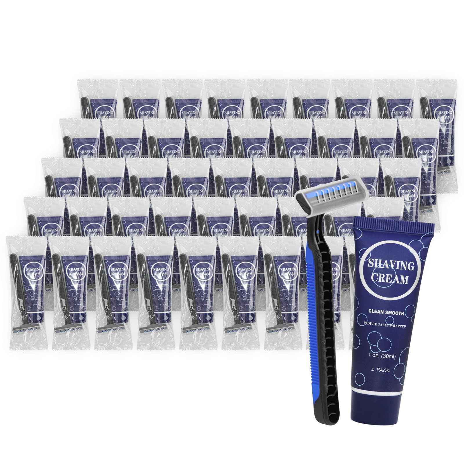 Shaving Razor Set, Disposable Individually Wrapped Manual Twin Blade Razors in Bulk Smooth Shaving Razors with Mini Shaving Cream Toiletries for Hotel Charity Camping Travel Homeless 1oz (Pack of 60)