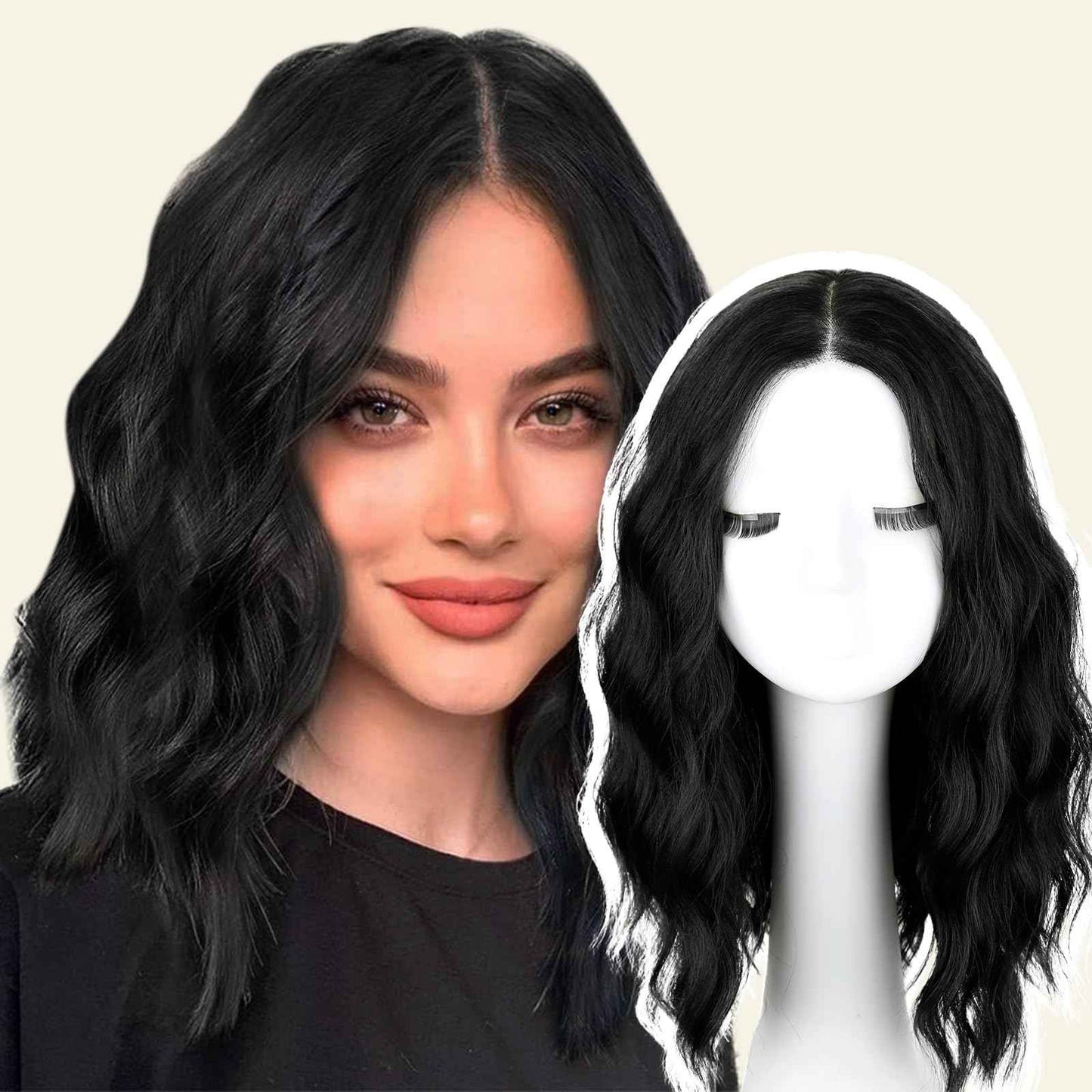 NOVFLKW Black Short Wavy Wig for Women Shoulder Length Middle Part with Pre Cut Lace Hairline Wavy Wig Natural Appearance Synthetic Heat Resistant Fiber for Everyday Hairstyle 16 Inch