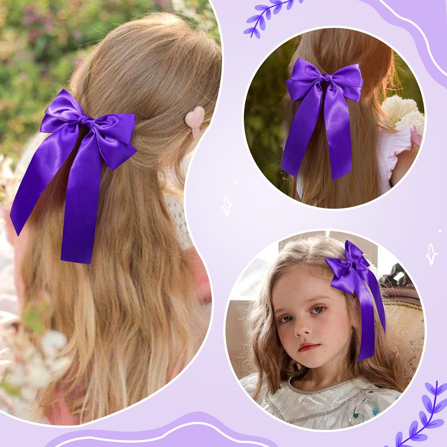 NCMAMA 2Pcs Purple Hair Bows for Girls Hair Clip Silk Hair Bow Ribbon Hair Accessories for Women Toddlers Infant Teens Kids (Purple)