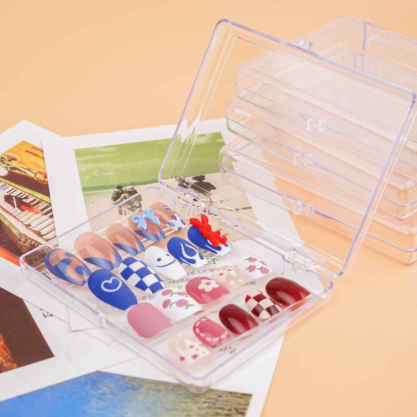 Lokyango Press On Nail Storage Box, 3.9x2.9x0.7 inch Clear Empty Press On Nail Packing Box Artificial Nail Display Organizer Case with Transparent Tape Nail Tips Display Holder (Box Only) (12PCS)