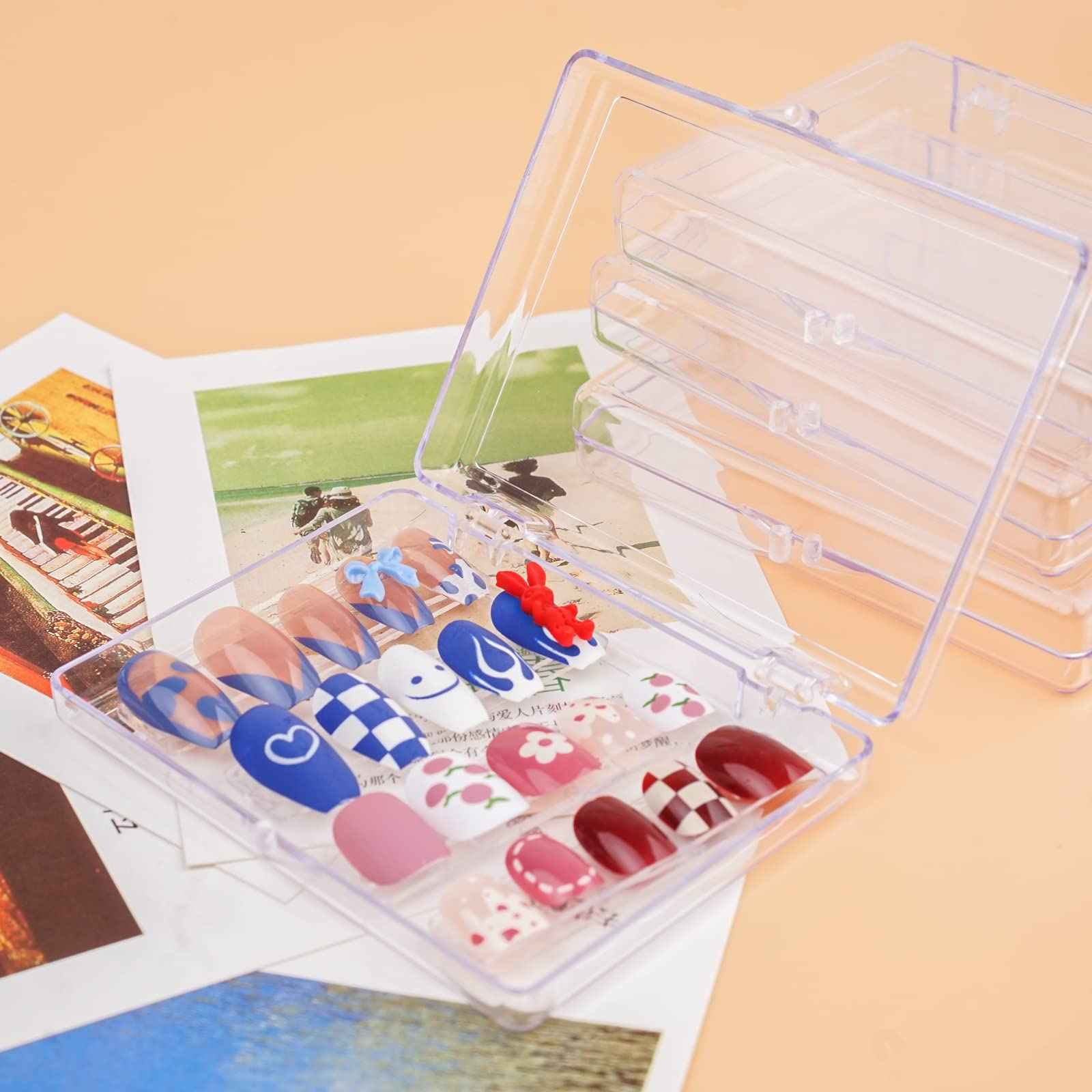 Lokyango Press On Nail Storage Box, 3.9x2.9x0.7 inch Clear Empty Press On Nail Packing Box Artificial Nail Display Organizer Case with Transparent Tape Nail Tips Display Holder (Box Only) (12PCS)