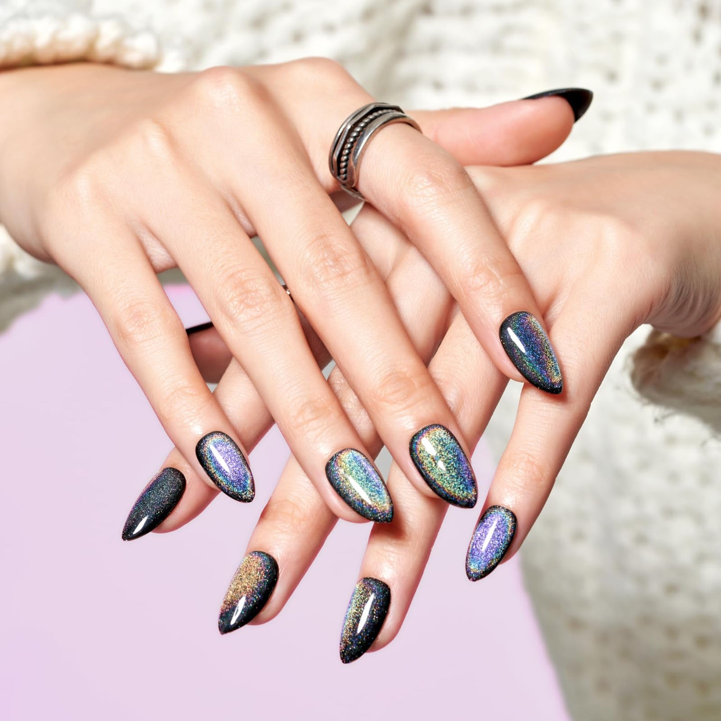 Black Aurora Press On Nails Almond,Medium False Nails with Cat Eye Design,Handmade Gel Glue On Nails-24Pcs Fake Nails Kit，Cosmic Life