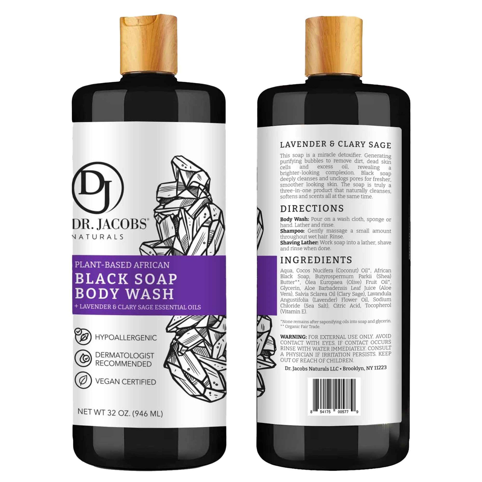 Dr Jacobs Naturals Authentic African Black Liquid Soap with Lavender & Sage Scent All-In-One Face Wash, Sensitive Skin Body Wash, Shampoo, Shaving Soap | Moisturizing and Nourishing Formula 32oz 2pk