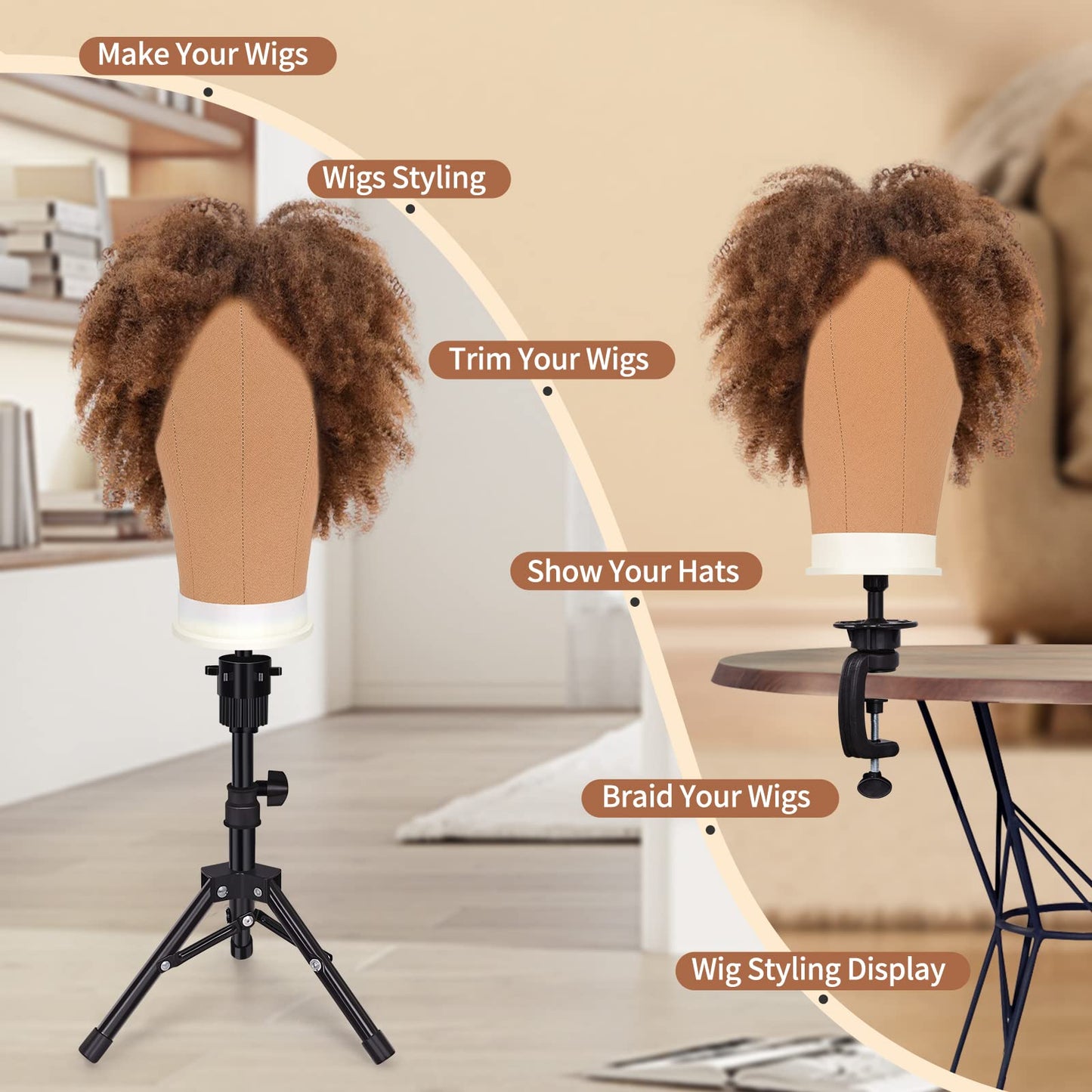 cenoz 22 Inch Wig Head, Canvas Mannequin Head for Wigs, Wig Stand Tripod with Head, Manikin Canvas Head Block Set for Wigs Making Display with Wig Caps, T Pins C Pins Set Bristle Brush