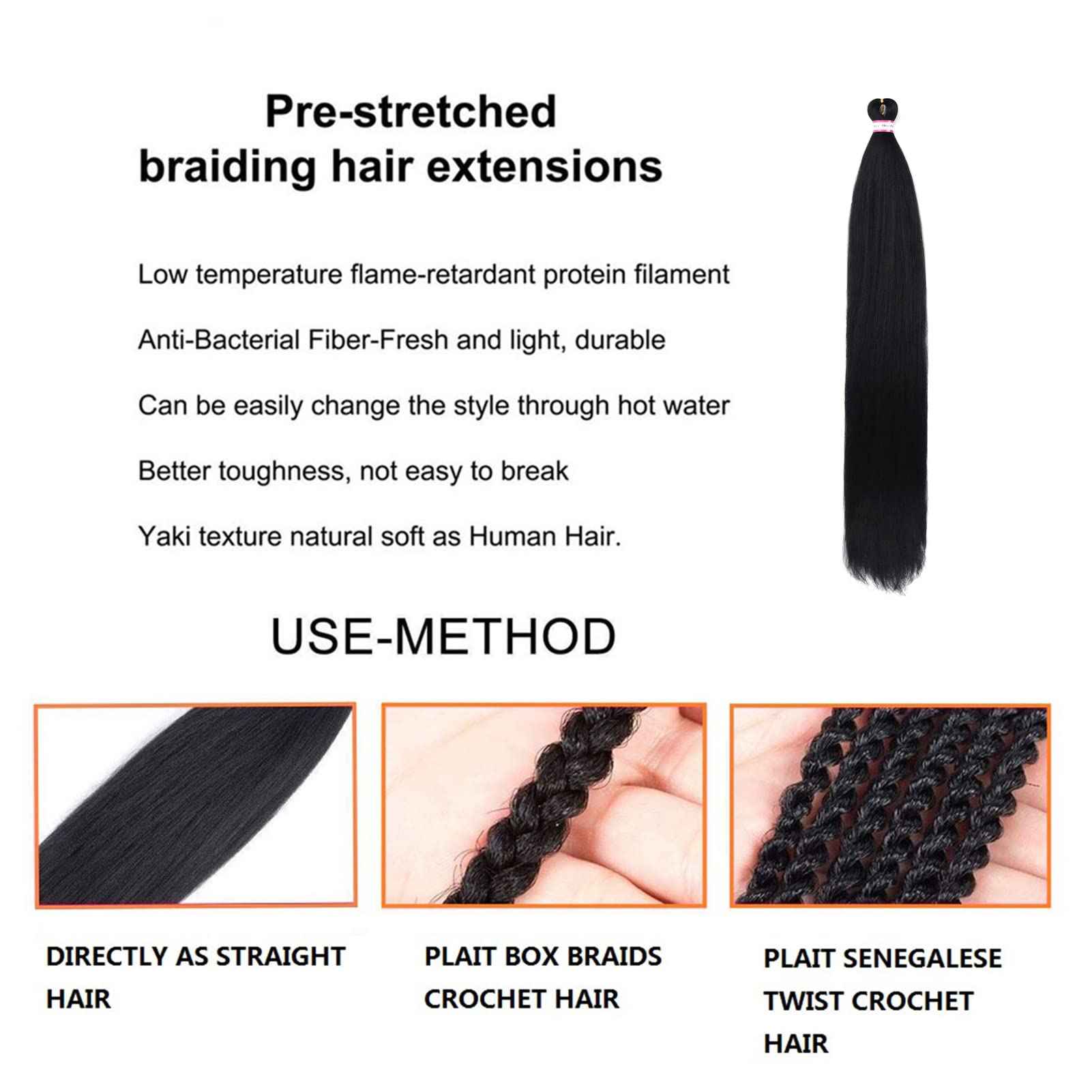 Pre Stretched Braiding Hair 8 Packs 48 Inch Natural Black Color Long Professional Hair for Braiding Twist Braids Itch Free Hot Water Setting Yaki Straight Synthetic Hair Extensions (#1B)