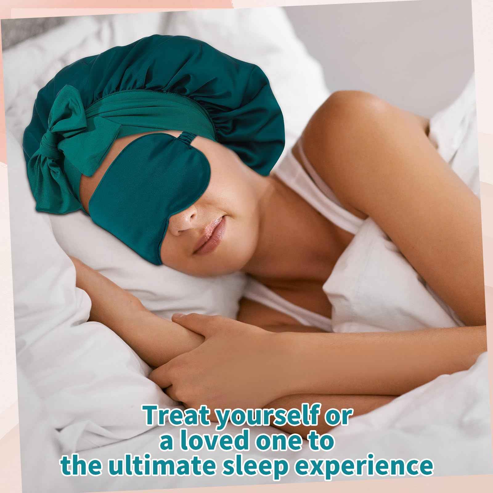 Satin Bonnet Set, Hair Bonnet for Sleeping Silk Bonnet with Eye Mask for Women Curly Hair, Peacock Blue