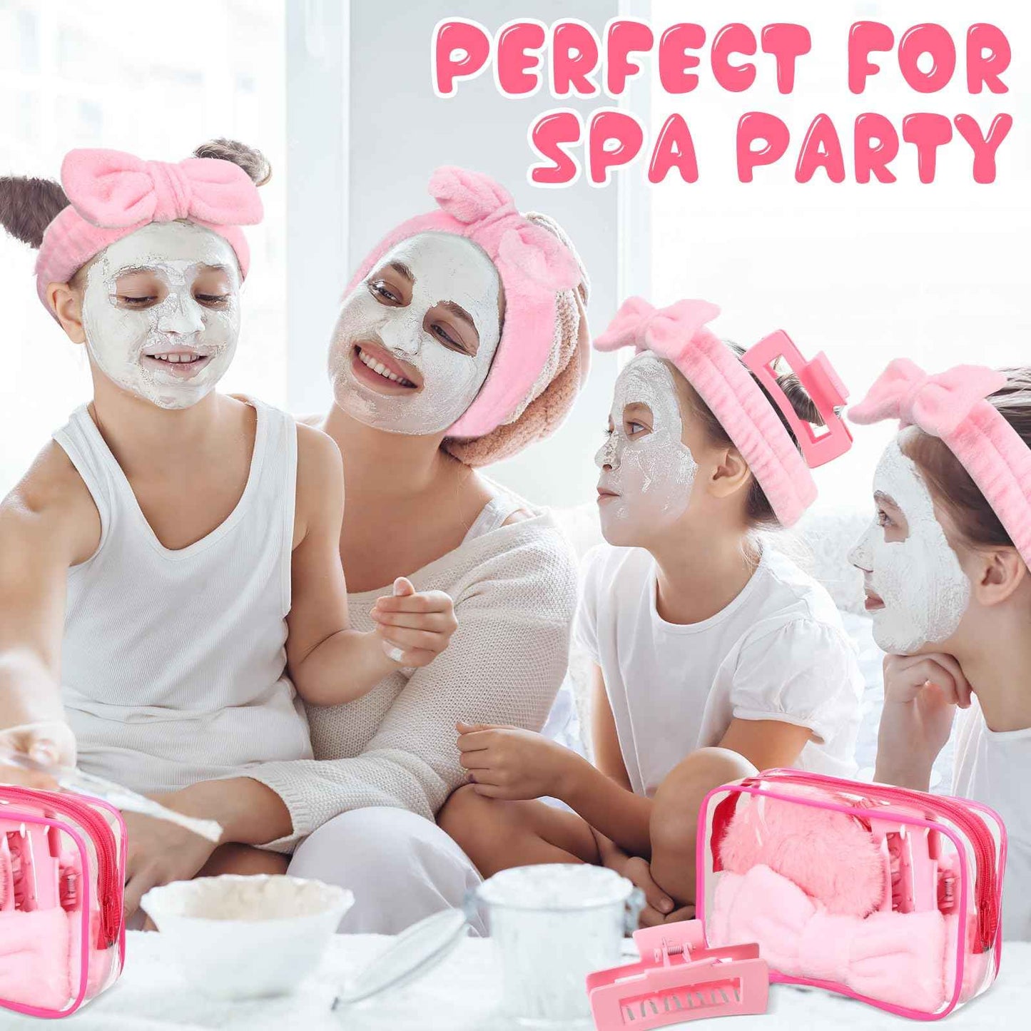 Hoteam 24 Pcs Sleepover Spa Party Favors Supplies 6 Spa Headband 6 Plush Sleep Eye Mask 6 Hair Claw Clips 6 Clear Cosmetic Bags for Slumber Party Christmas Gift(Pink)