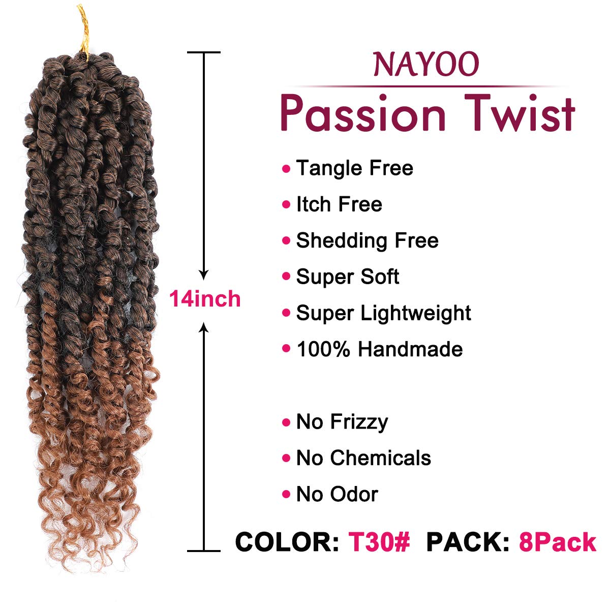 NAYOO Passion Twist Hair - 8 Packs 14 Inch Passion Twist Crochet Hair For Black Women, Crochet Pretwisted Curly Hair Passion Twists Synthetic Braiding Hair Extensions (14 Inch 8 Packs, T30)