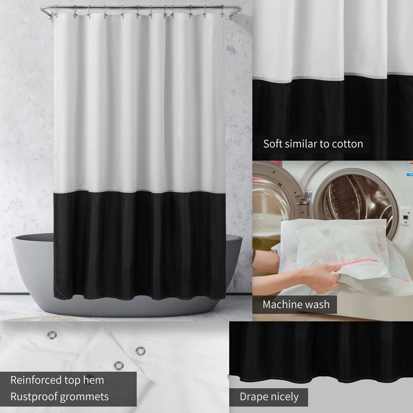 Waterproof Fabric Shower Curtain Liner - Soft & Light-Weight Cloth Shower Curtain with 3 Bottom Magnets, Hotel Quality & Machine Washable - Standard Size 72x72, Color Block Black and White