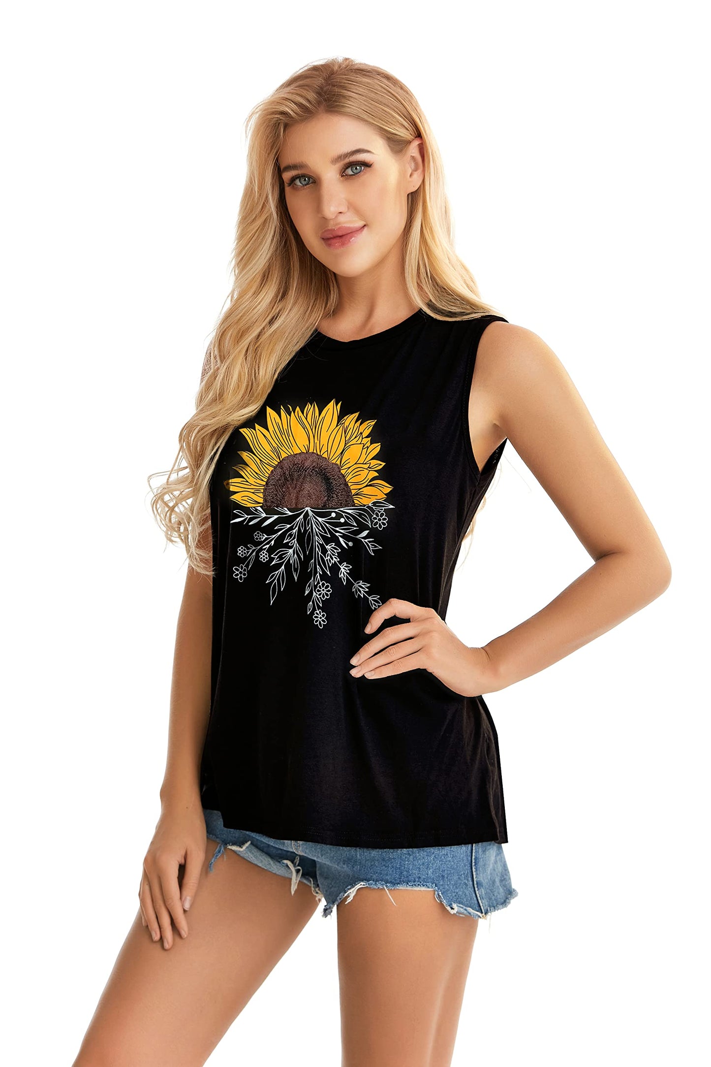 Women Tank Tops Sun Flowers Summer Sleeveless T Shirts Casual Loose Blouses(Black Floral, M)