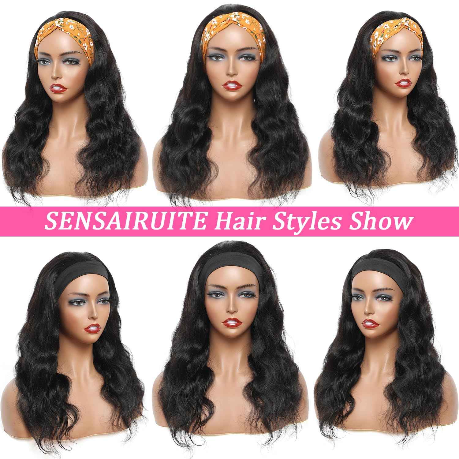 SENSAIRUITE Headband Wig Human Hair Body Wave 14 Inch None lace Front Wear and Go Glueless Headband Wig for Black Women Natural Black Color 180% Density