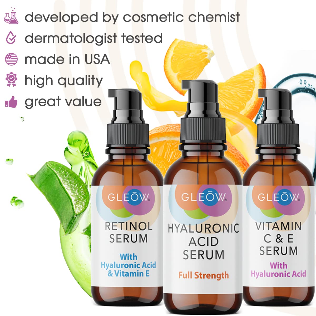 GLEOW Retinol Serum for Face - Vitamin C Face Serum with Hyaluronic Acid Serum for Face, Vitamin C Serum for Face, Retinol for Face, Glow Face Serum for Women and Men 3x1oz