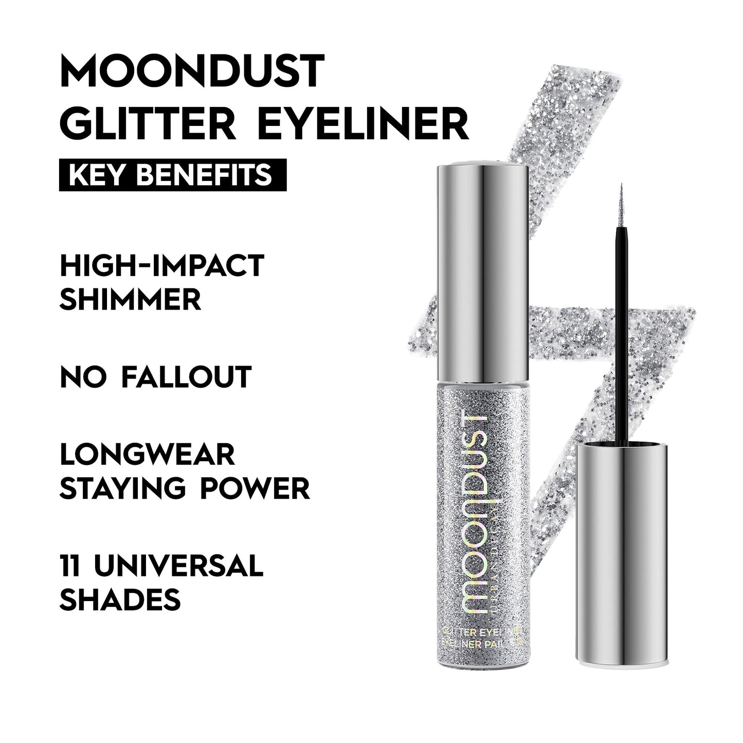 URBAN DECAY Moondust Liquid Glitter Eyeliner (Glamrock - Silver Glitter), Sparkly Eye Liner, Glitter Eyeshadow Topper, Universal Shimmering Shades, No Fallout - 0.25 fl oz