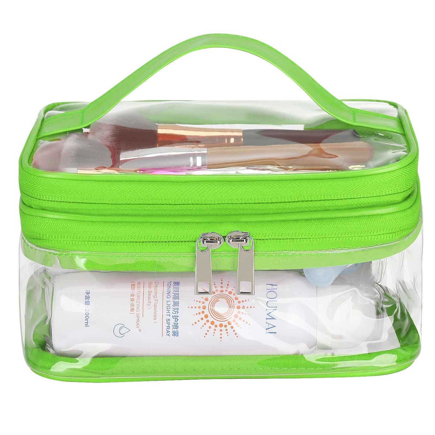 HAOGUAGUA Double Layer Clear Cosmetic Bag Makeup Bag, Waterproof Travel Toiletry Bag, Transparent PVC Pouch Organizer (Green)