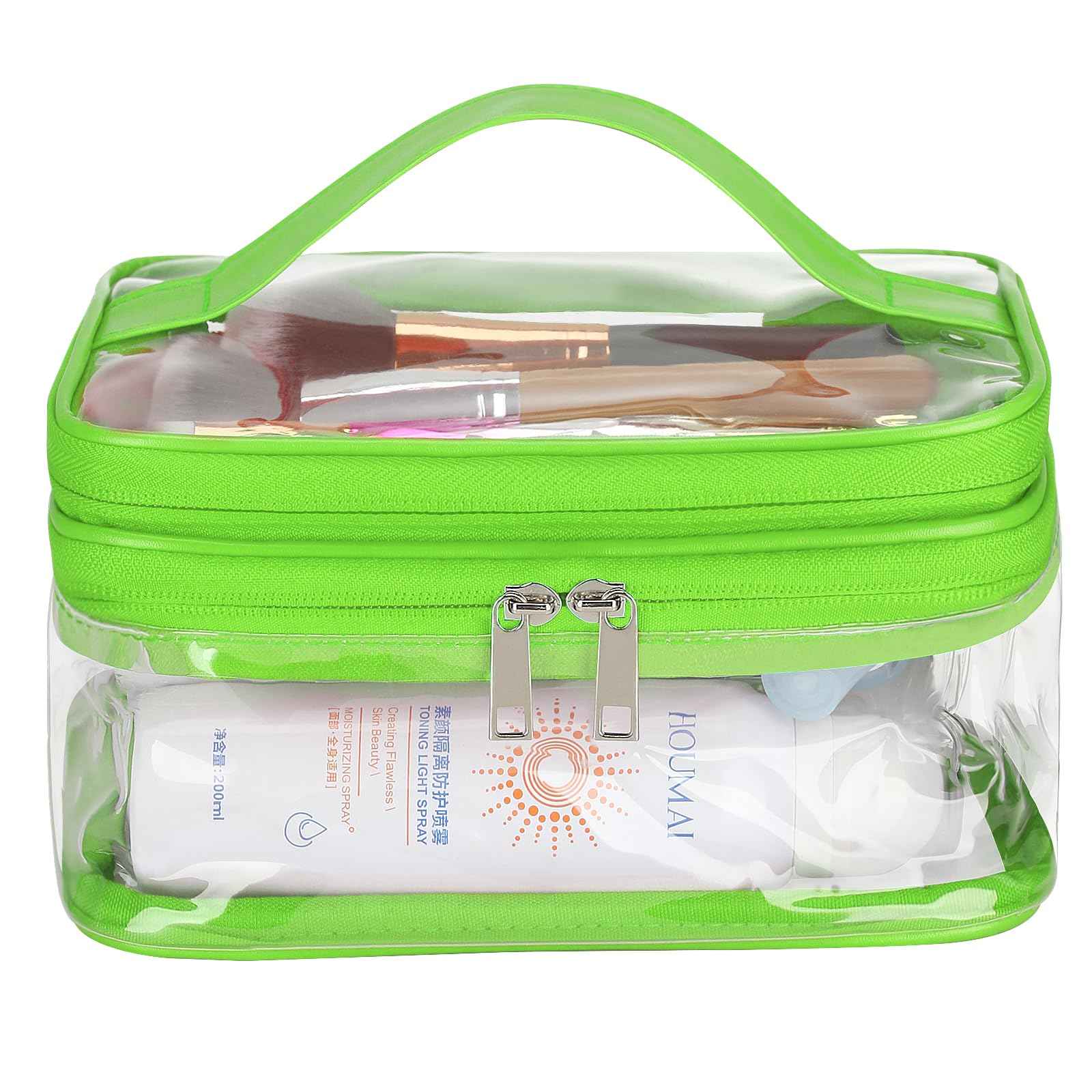 HAOGUAGUA Double Layer Clear Cosmetic Bag Makeup Bag, Waterproof Travel Toiletry Bag, Transparent PVC Pouch Organizer (Green)