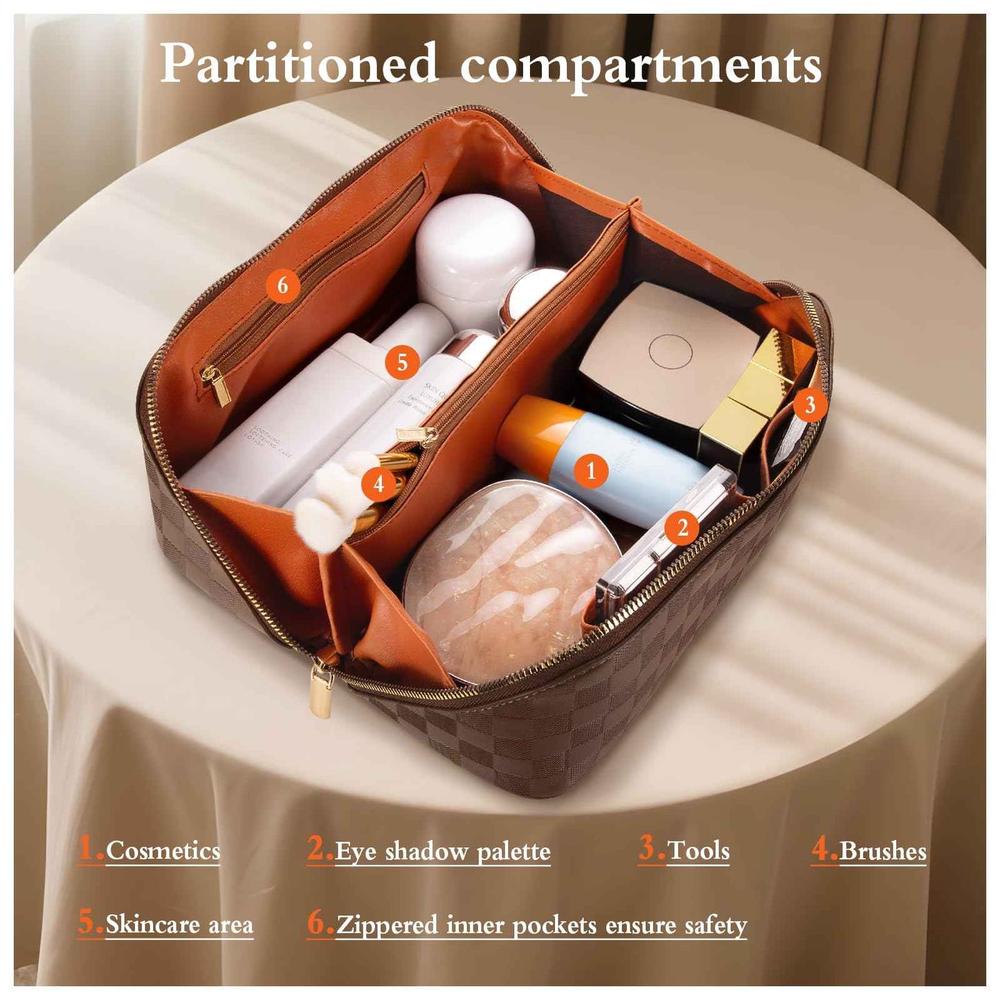 Abiudeng Travel Makeup Bag,Large Capacity Toiletry Bag Cosmetic Bags for Travel Essentials,Waterproof Portable Pouch Open Flat Makeup bag Organizer with Divider and Handle(Checkered-Brown)