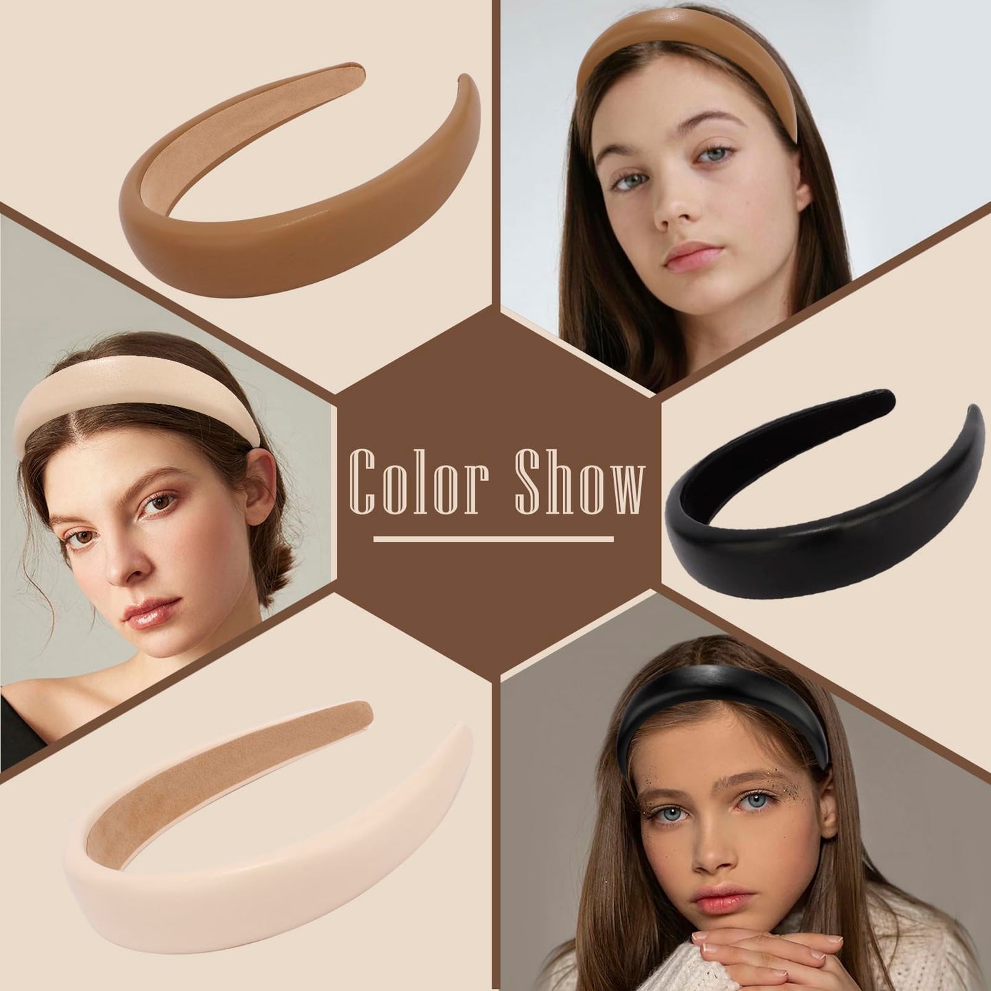 FASOTY 3PCS Padded Headband Leather Headbands for Women Neutral Colors Trendy Puffy Headband Soft Thick Comfortable Headbands for Women and Girls Non Slip Hair Accessories for Yoga Makeup Shower