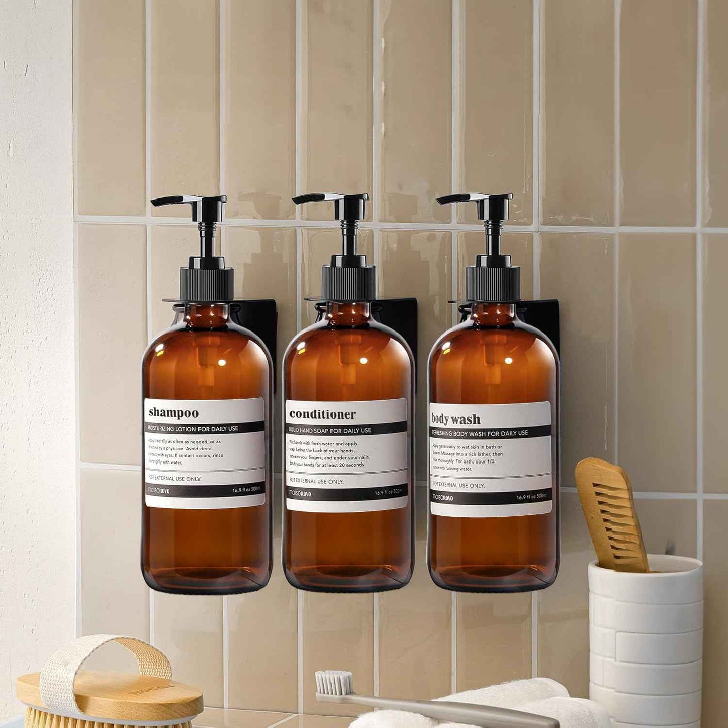 BPFY 4 Pack 16 oz Amber Glass Bottles with Pumps for Shampoo, Essential Oils, Cleaning Products, Lotions, Aromatherapy Oil, Pump Bottles, Refillable Containers with Cap, 8 Chalk Labels, 1 Pen