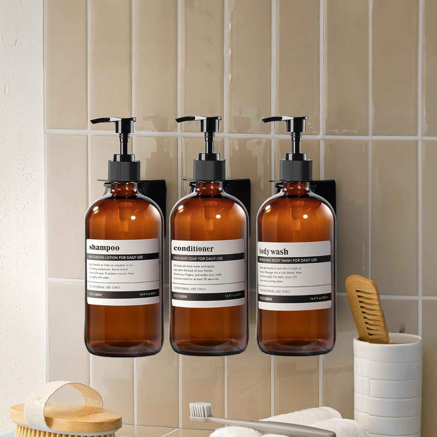 BPFY 4 Pack 16 oz Amber Glass Bottles with Pumps for Shampoo, Essential Oils, Cleaning Products, Lotions, Aromatherapy Oil, Pump Bottles, Refillable Containers with Cap, 8 Chalk Labels, 1 Pen