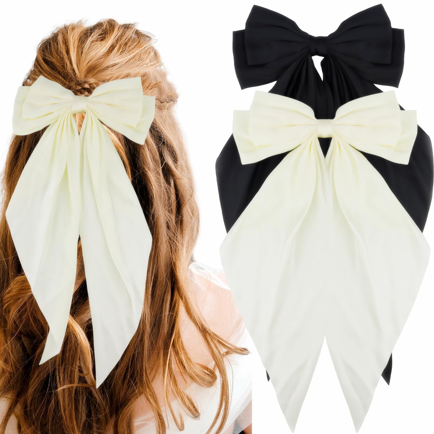 JOYRUBY Black Hair Bow Beige Bow for Hair Clip, 2PCS Silky Satin Hair Bows for Women, Long Tail Big Bows for Girls, Large White Bow Hair Accessories