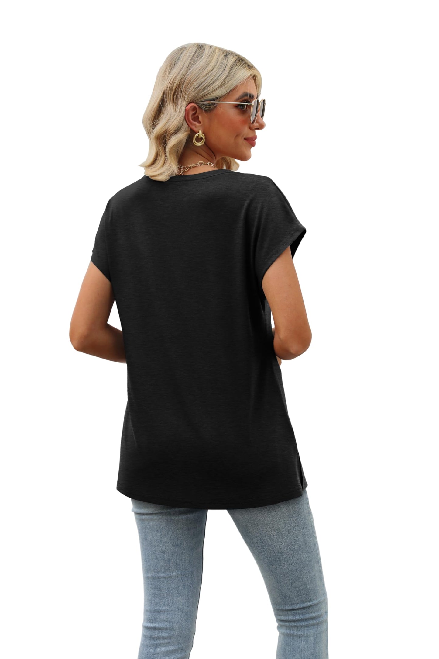 Womens Cap Sleeve Summer Tops Cute Tops Trendy V Neck Casual Loose Fit Shirts Black S