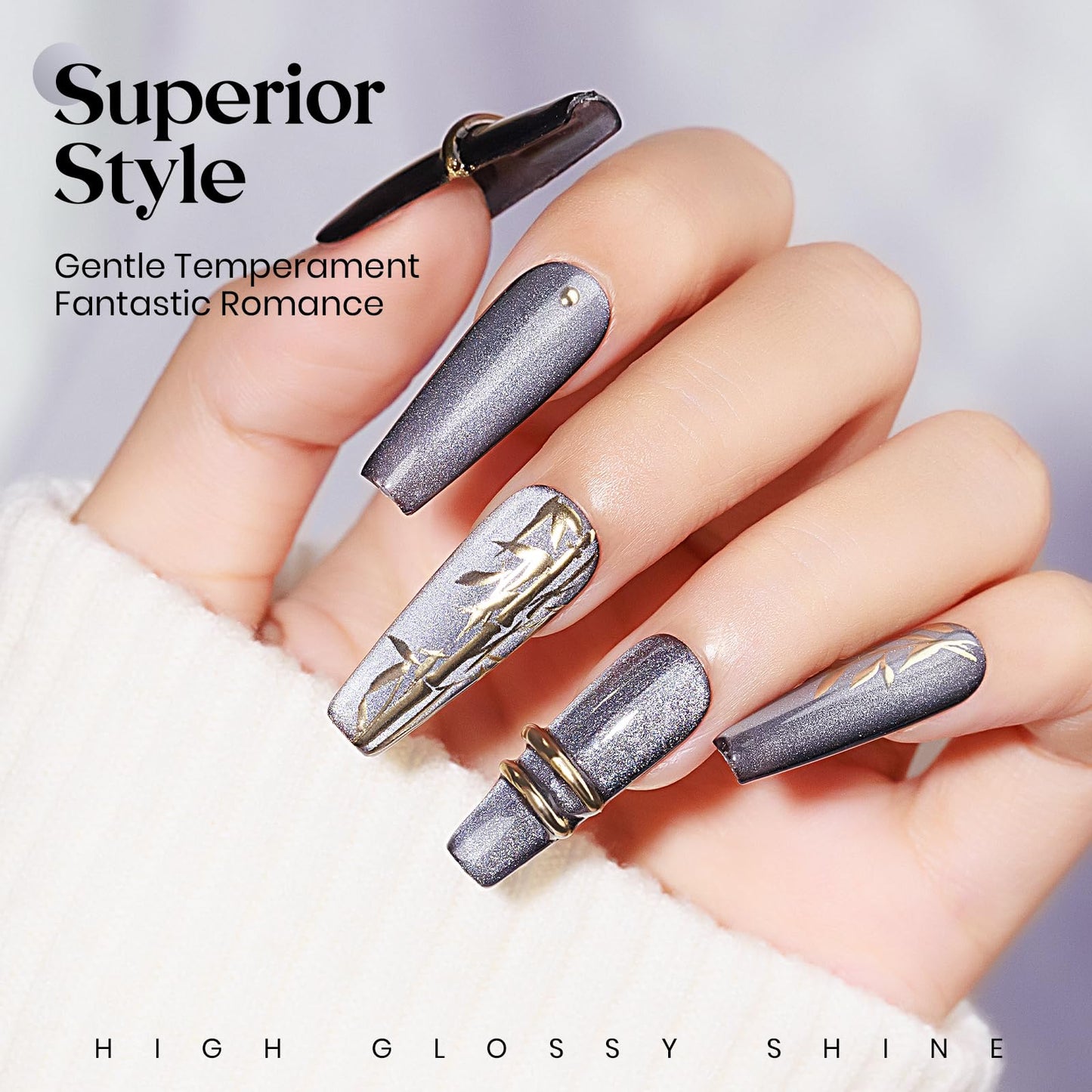 MIZHSE Cat Eye Gel Nail Polish: Gray Magnetic Gel Polish with Magnet Stick, Maillard Style Magic Effect Galaxy Shimmer Glitter Holographic Nail Gel Soak Off Nail Art Salon Manicure Home