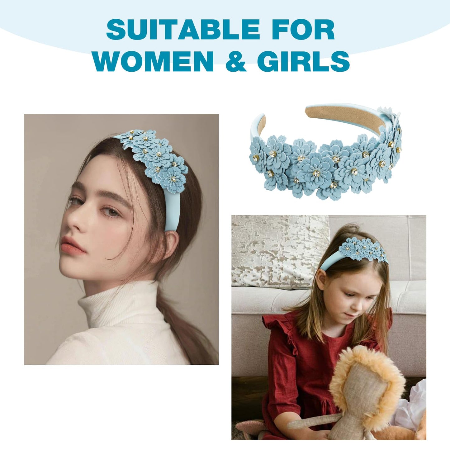 YFKEJI Flower Headband for Women Glass Diamonds Headbands for Thick Hair Bejewelled Hairband Glitter Hair Hoops Hair Accessories for Girls Fashion, Blue(C#)