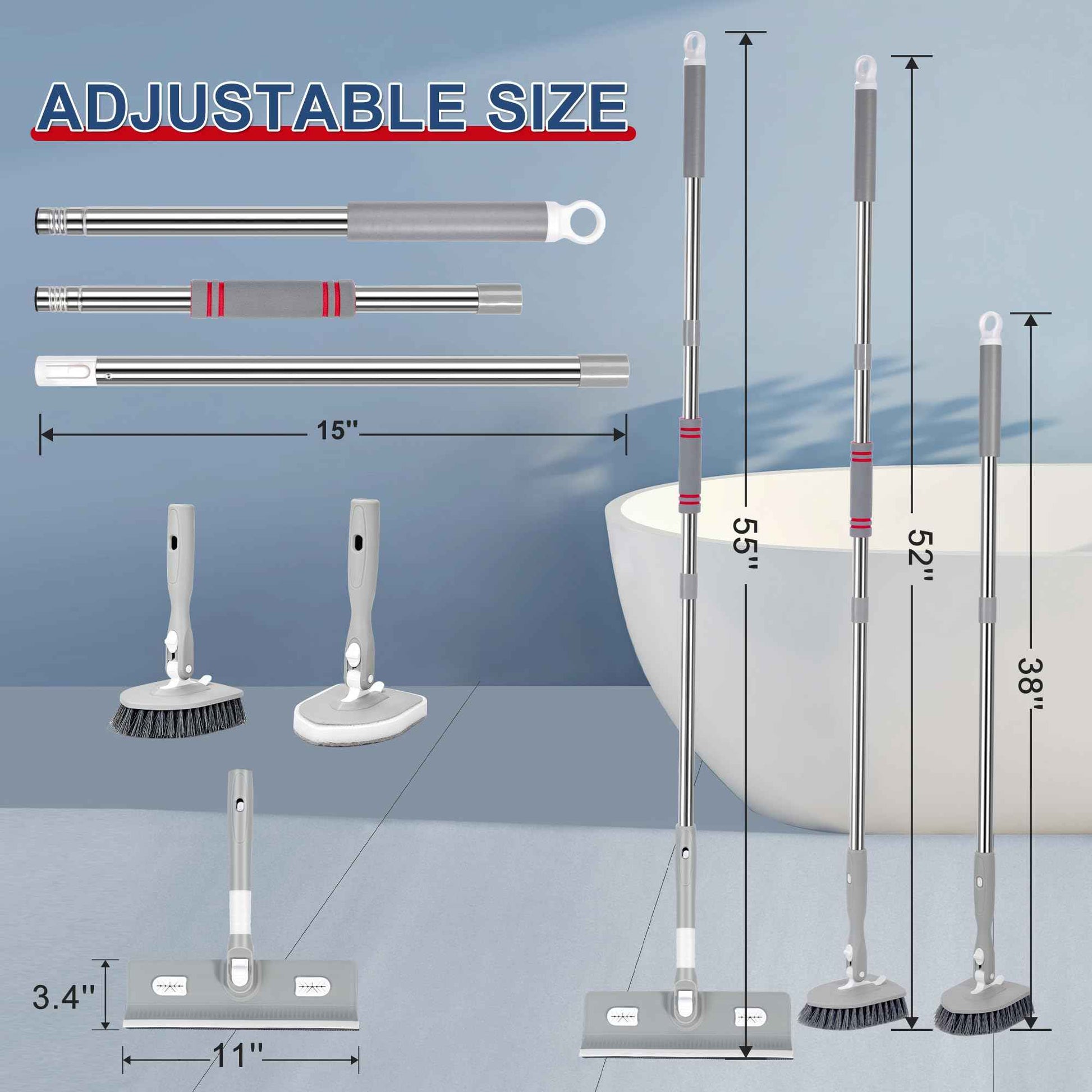 Tile Tub Floor Cleaner Scrubber With Long Handle - 5-in-1 Shower Brush Set for Bathroom, Kitchen, Walls, Sink - Includes Window Scraper and 3 Detachable No Scratch Heads