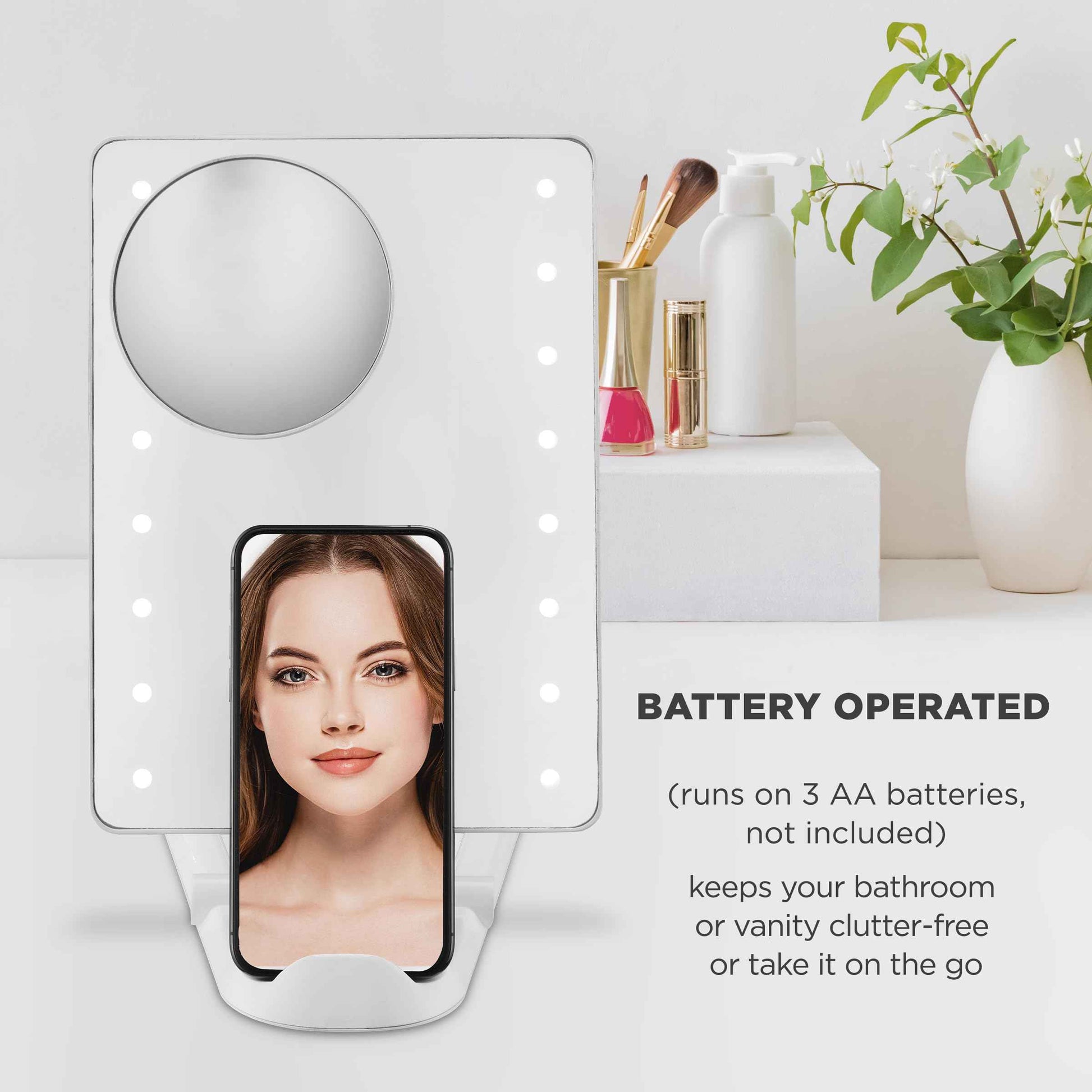 Conair Lighted Makeup Mirror, LED Vanity Mirror, 1X/10X Magnifying Mirror with Phone Holder, Battery Operated in Glossy White