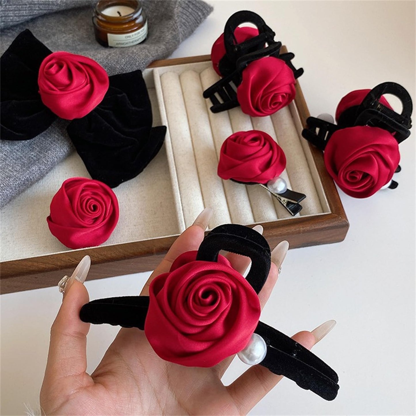 8 PCS Rose Hair Claws Hairpin Brooch Set Red Silk Floral Bow Clips Hair Rope Clamps Barrettes Clamps Hair Accessories for Women Girls 072