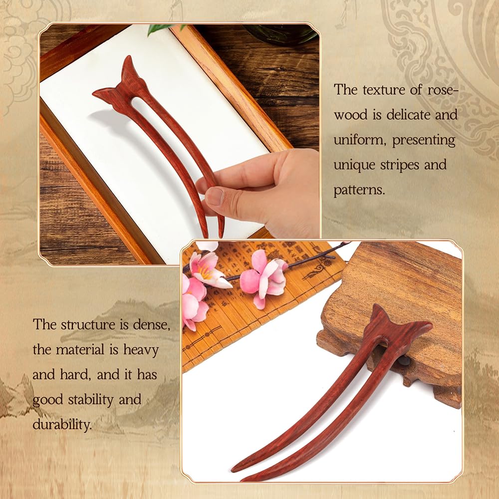 KingcanY 1PCS Wooden 2-Prong Hair Forks, Handmade Retro Sandalwood Hair Sticks French Hair Chopsticks Hair Pins Hairpin, Hair Accessory (red butterfly)