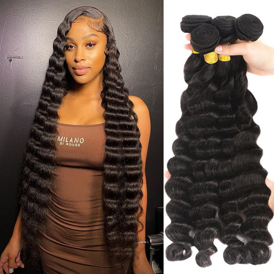 Loose Deep Wave Bundles Human Hair 4 Bundles 20 22 24 26 Inch 100% Unprocessed Brazilian Virgin Human Hair Bundles Loose Deep Wave Human Hair Weave 4 Bundles Can Be Dyed and Bleached Natural Black