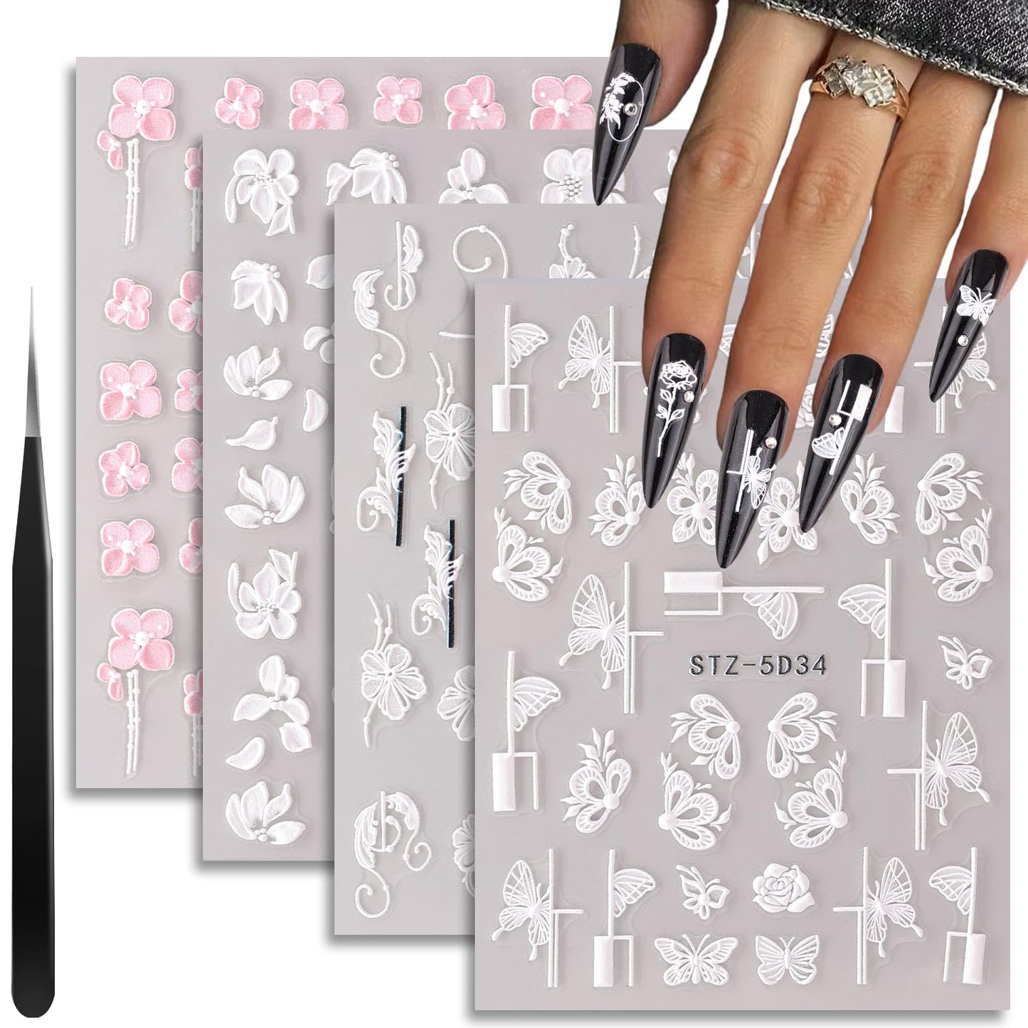 4 Sheets 5D Flower Nail Art Stickers, Embossed Nail Decals with Tweezer, Self Adhesive Pegatinas Uñas Pink White Floral Butterfly Spring Summer 3D Nail Accessories for French Tips Nail Decoration