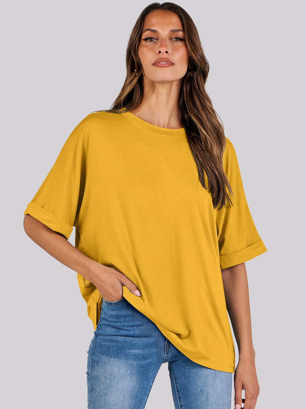 ANRABESS Women's Oversized T Shirts Short Sleeve Crewneck Summer Tops Casual Loose Basic Tee Shirts 2024 Trendy Clothes Yellow Medium