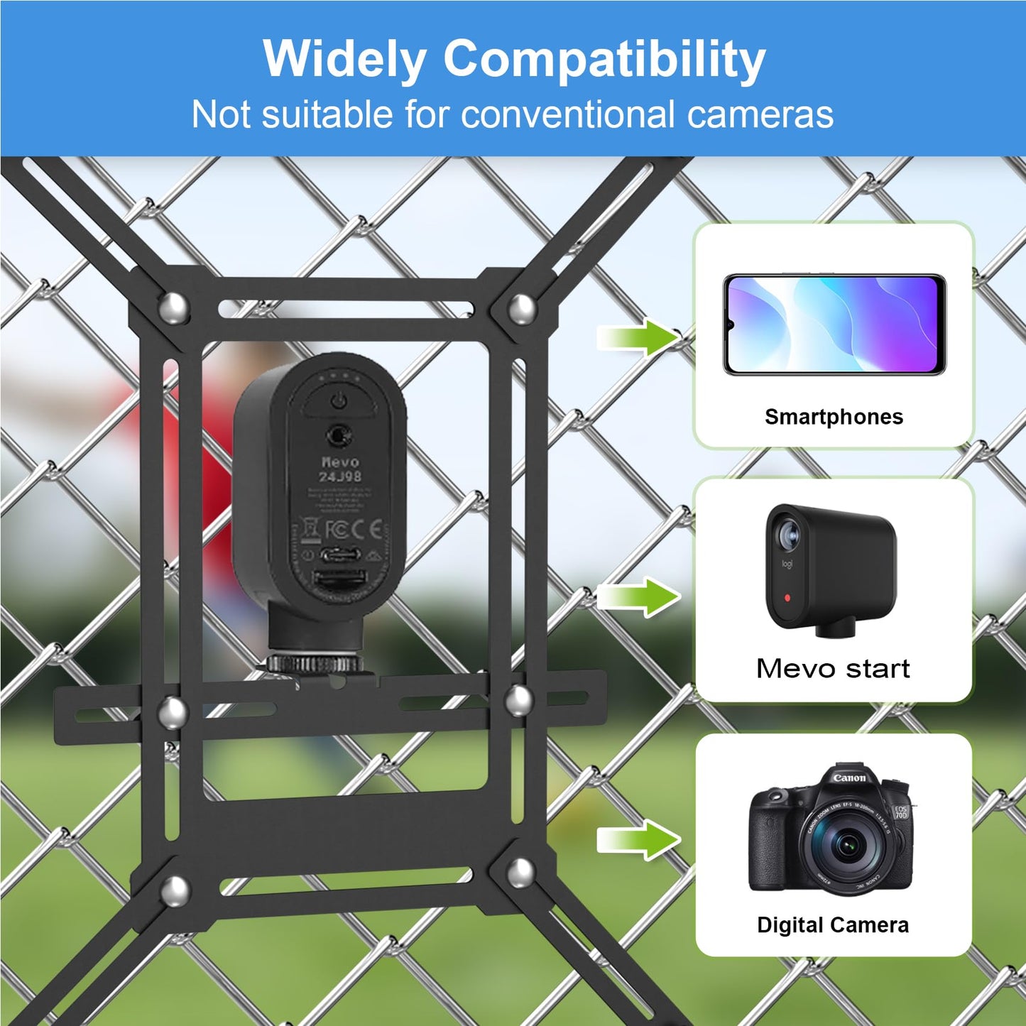 Fence Mount for Mevo Start, GoPro, iPhone, Phones, Digital Action Camera, to a Chain Link Fence for Recording Baseball,Softball and Tennis Games