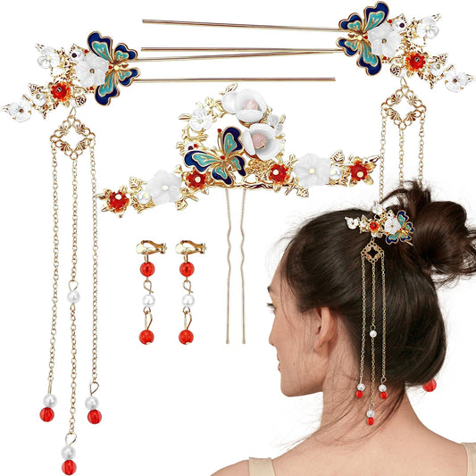 5 Pcs Butterfly Chinese Tassel Hair Stick Peony Flower Crystal Pearl Hanfu Hair Pins Classical Floral Wedding Headpiece Brides Hair Jewelry Accessories for Updo Long Hair Women Girls