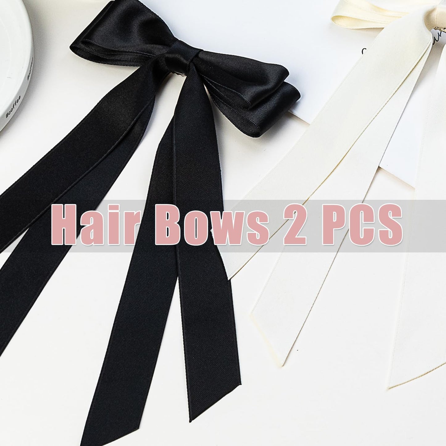 Large Double Ribbon Hair Bows and Barrettes - 2 PCS Hair Bow Claw Clips and Ribbons Accessories for Women (Beige, Black)