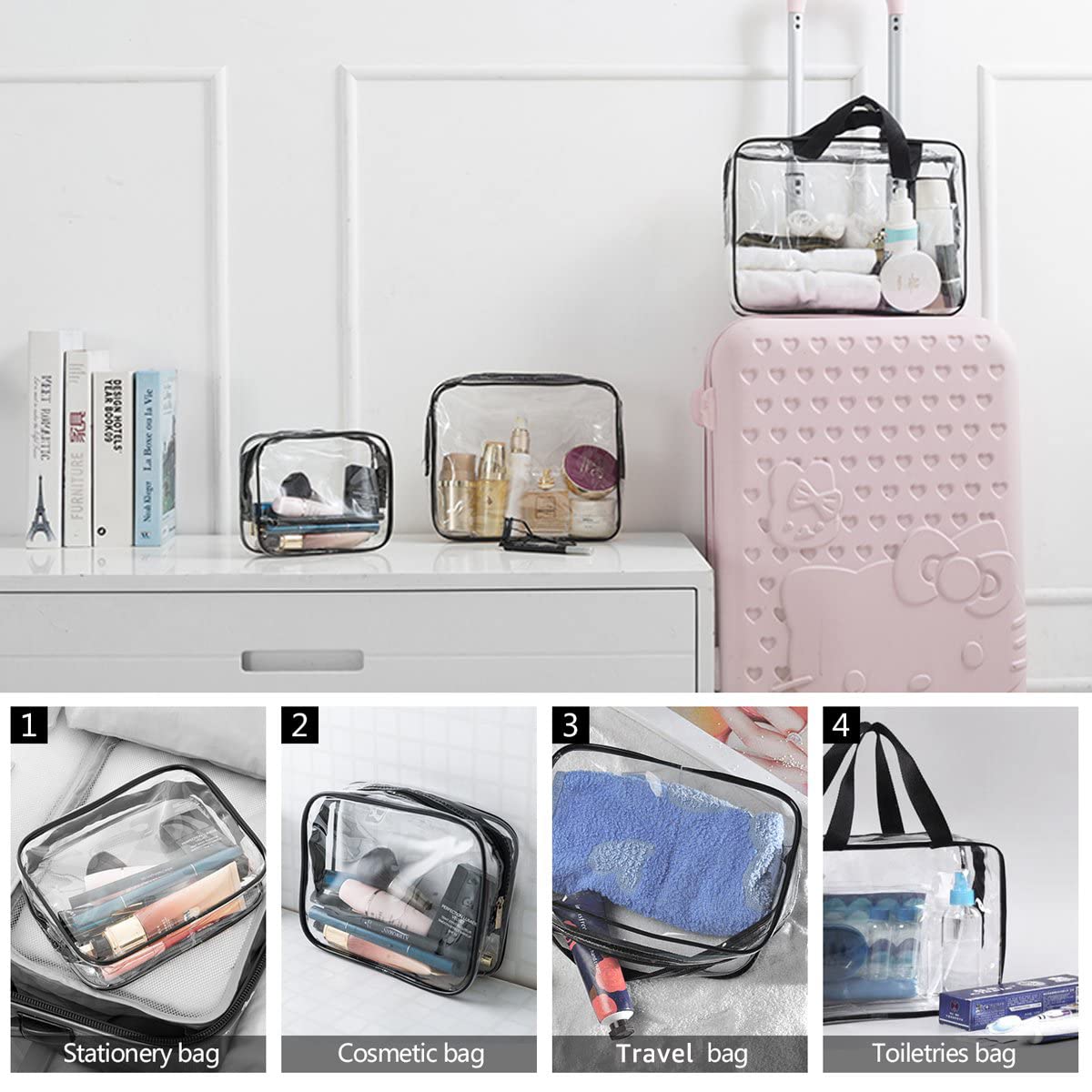 3Pcs Crystal Clear PVC Travel Toiletry Bag Kit for Women Men, Waterproof Vinyl Organizer Makeup Bags with Zipper Handle Straps, Cosmetic Bag Pouch Carry on Airport Airline Compliant Bag Handbag