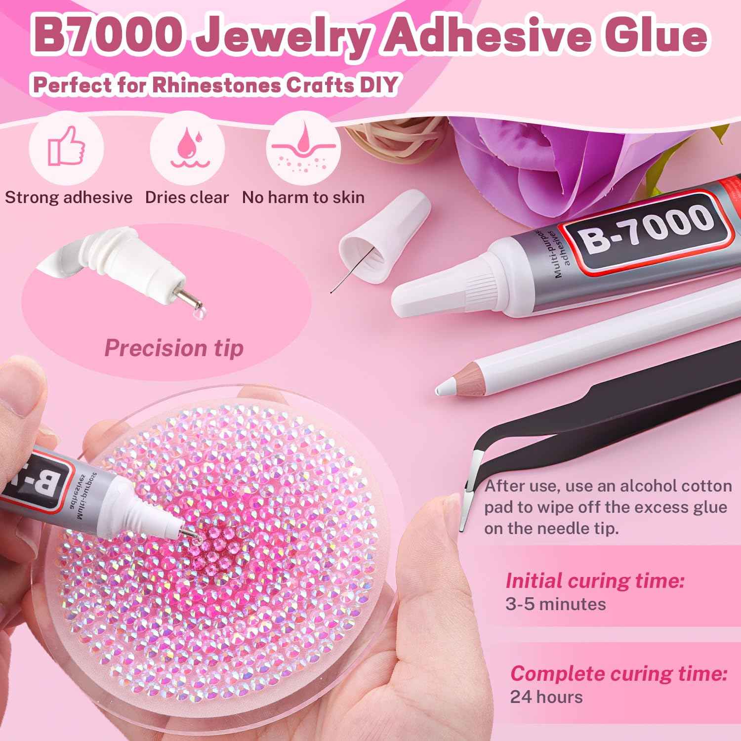 20000Pcs Pink Rhinestones for Bedazzling with 3Pcs B7000 Jewelry Glue, Resin Rhinestones for Crafting Crafts，Bedazzler Kit Flatback Gems for Clothing Shoes Tumblers Nail Art
