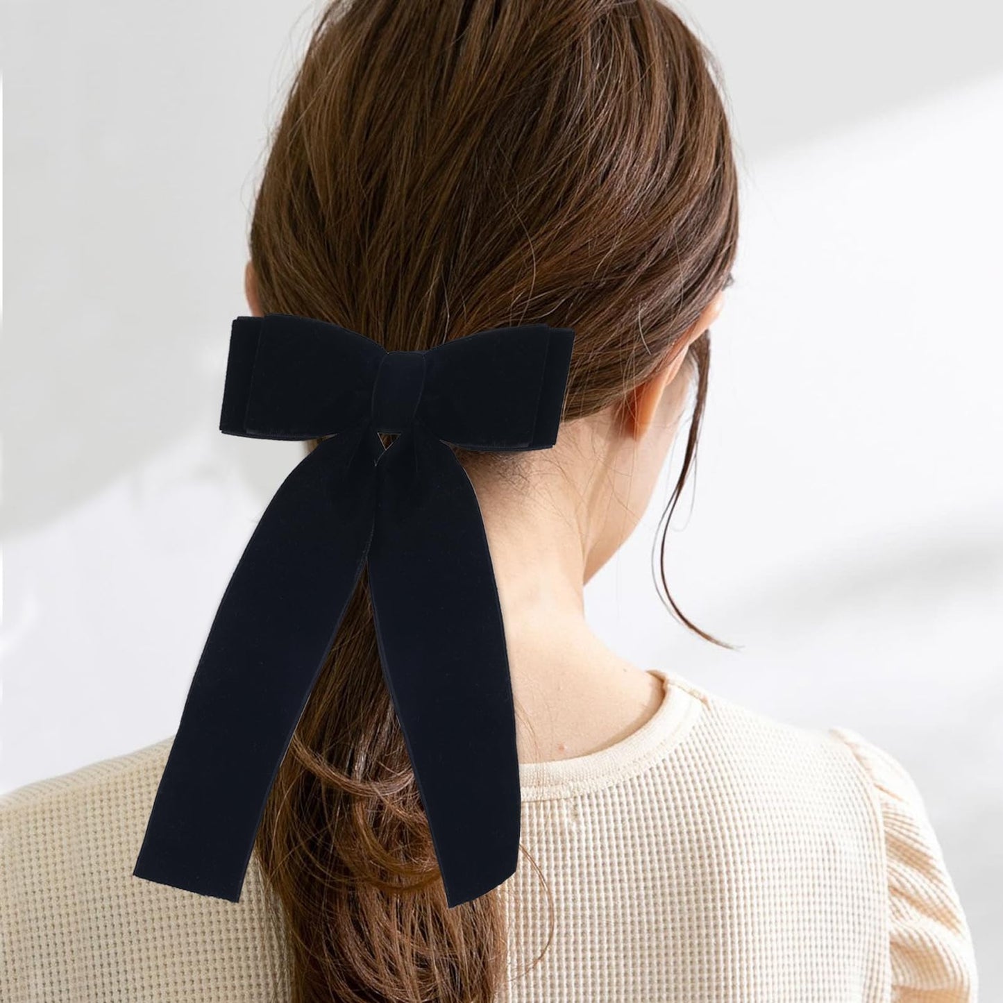 Zkptops 4Pcs Black Velvet Bow Hair Clips for Women Girls Kids Teens Toddlers Big Long Tassel Ribbon Bowknot Hair Accessories Soft Large Ponytail Holder Thin Curly Fine Thick Hair Cute Metal Barrette