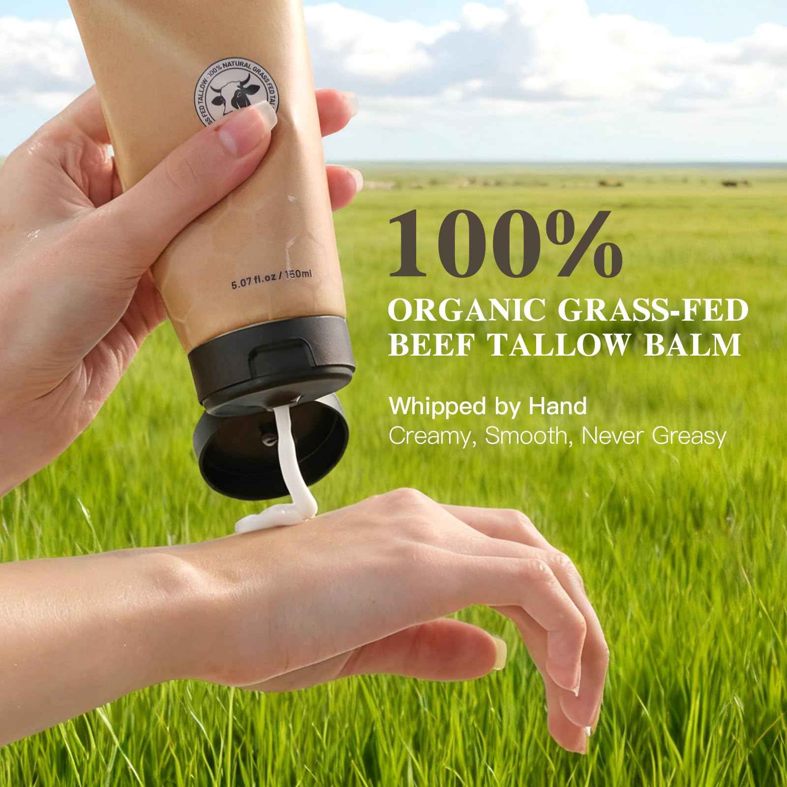 Organic Beef Tallow Honey Balm, Whipped Moisturizer for Face and Body, Grass Fed Beef Tallow for All Skin, Safe Natural Edible Grade Ingredients, Pure Unscented Cream, Day Night Skincare, 5.3 oz