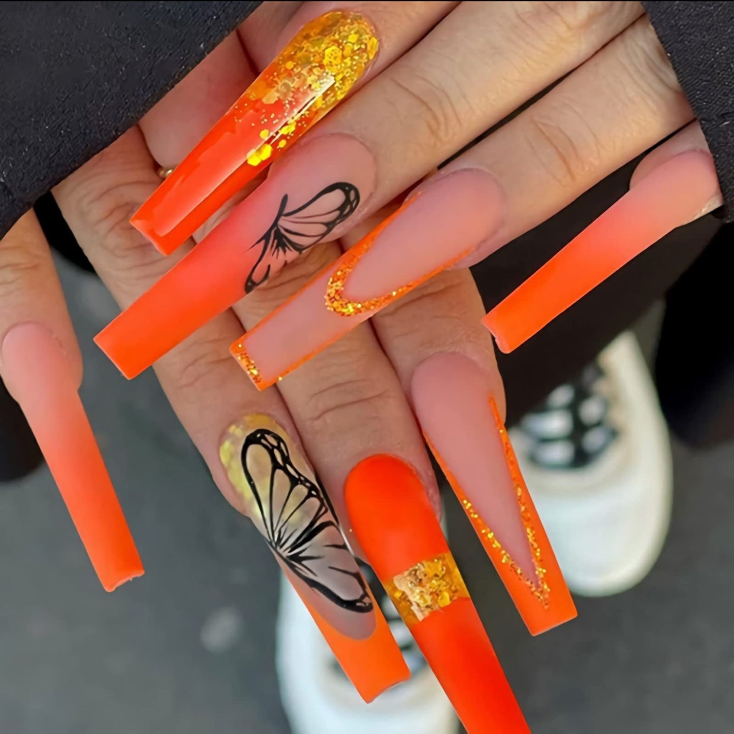 BABALAL Coffin Press on Nails Long Fake Nails Orange Matte Glue on Nails Butterfly Ballerina Acrylic Nails 24Pcs with Summer Nails Designs Full Cover Nails