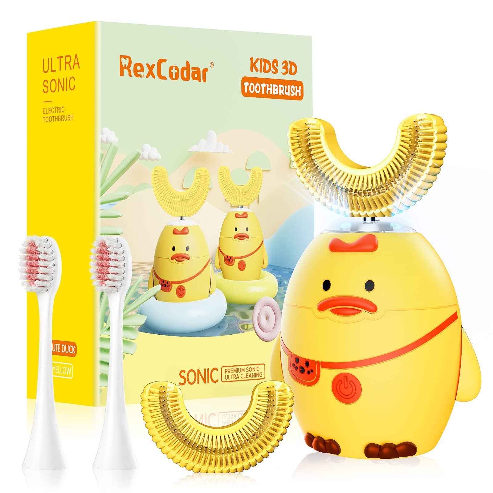 RexCodar Kids Electric Ultrasonic Toothbrush, U Shaped IPX7 Waterproof with 5 Smart Modes (Cartoon Duck, Ages 2-6)