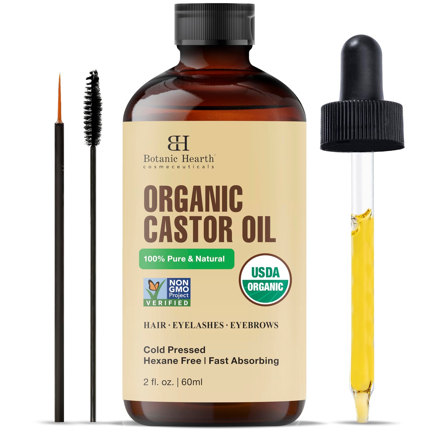 Botanic Hearth Castor Oil | USDA Certified Organic |100% Pure & Hexane Free | Cold Pressed | Growth for Eyelashes, Eyebrows, Hair | With Eyebrow & Eyelash Brush | (Glass Bottle 2fl oz)