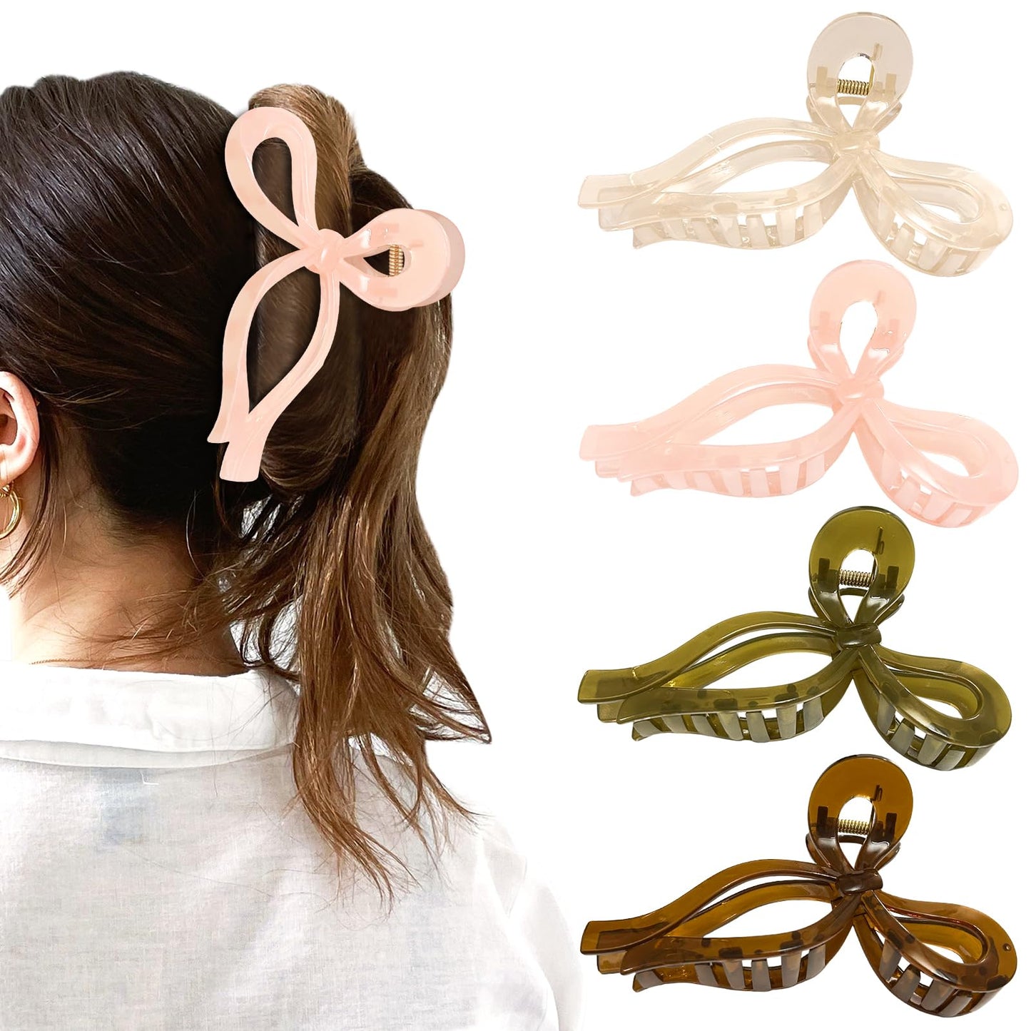 4Pcs Bow Hair Claw Clip for Women Large Ribbon Claw Clips Pink Black Hair Bow Clips Thick long Curly Hair Claws Cute Coquette Ribbon Clamps Non Slip Aesthetic Teens Girls Styling Hair Accessories