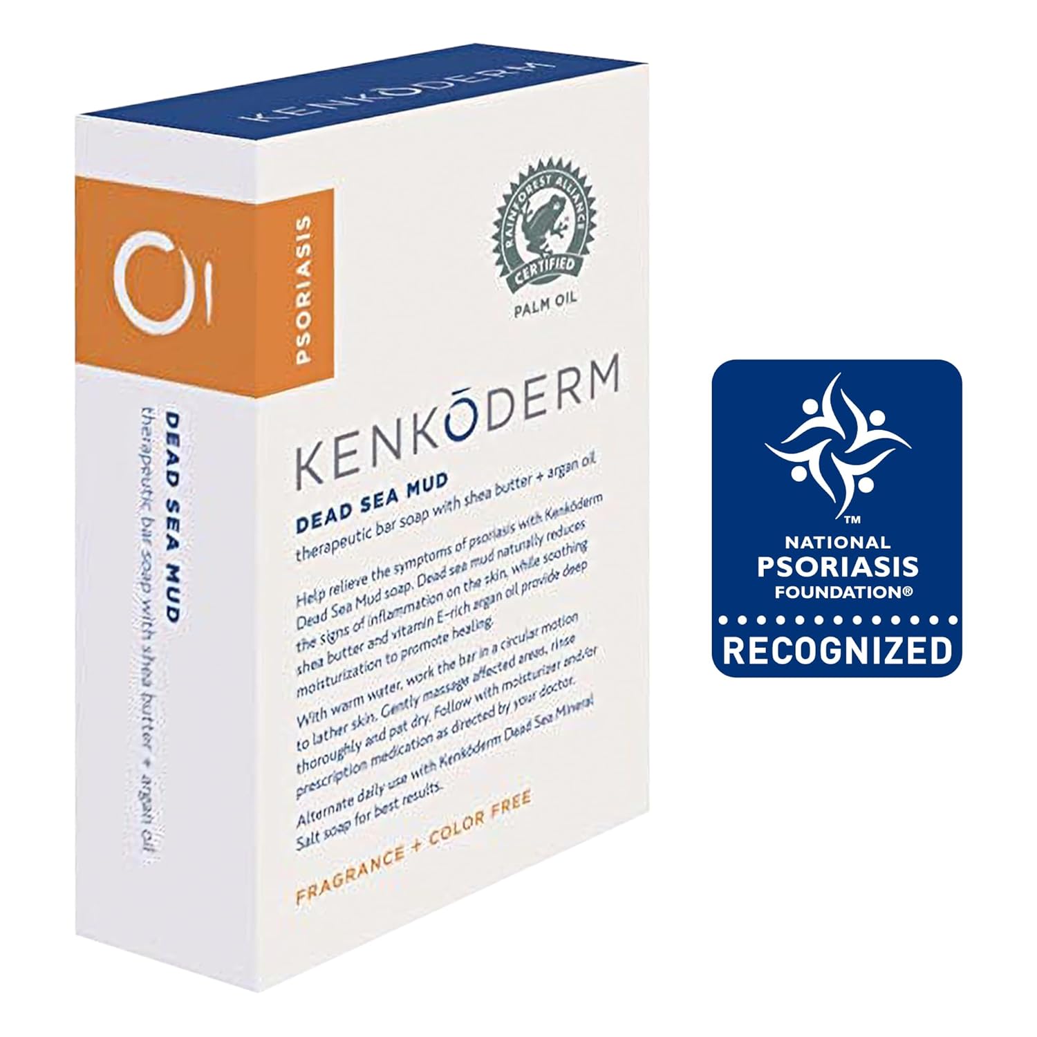 Kenkoderm Psoriasis Dead Sea Mud Soap with Argan Oil & Shea Butter, Natural Exfoliating Body & Face Cleanser for Sensitive Skin, Fragrance & Color-Free, 4.25 Ounce, 1 Bar