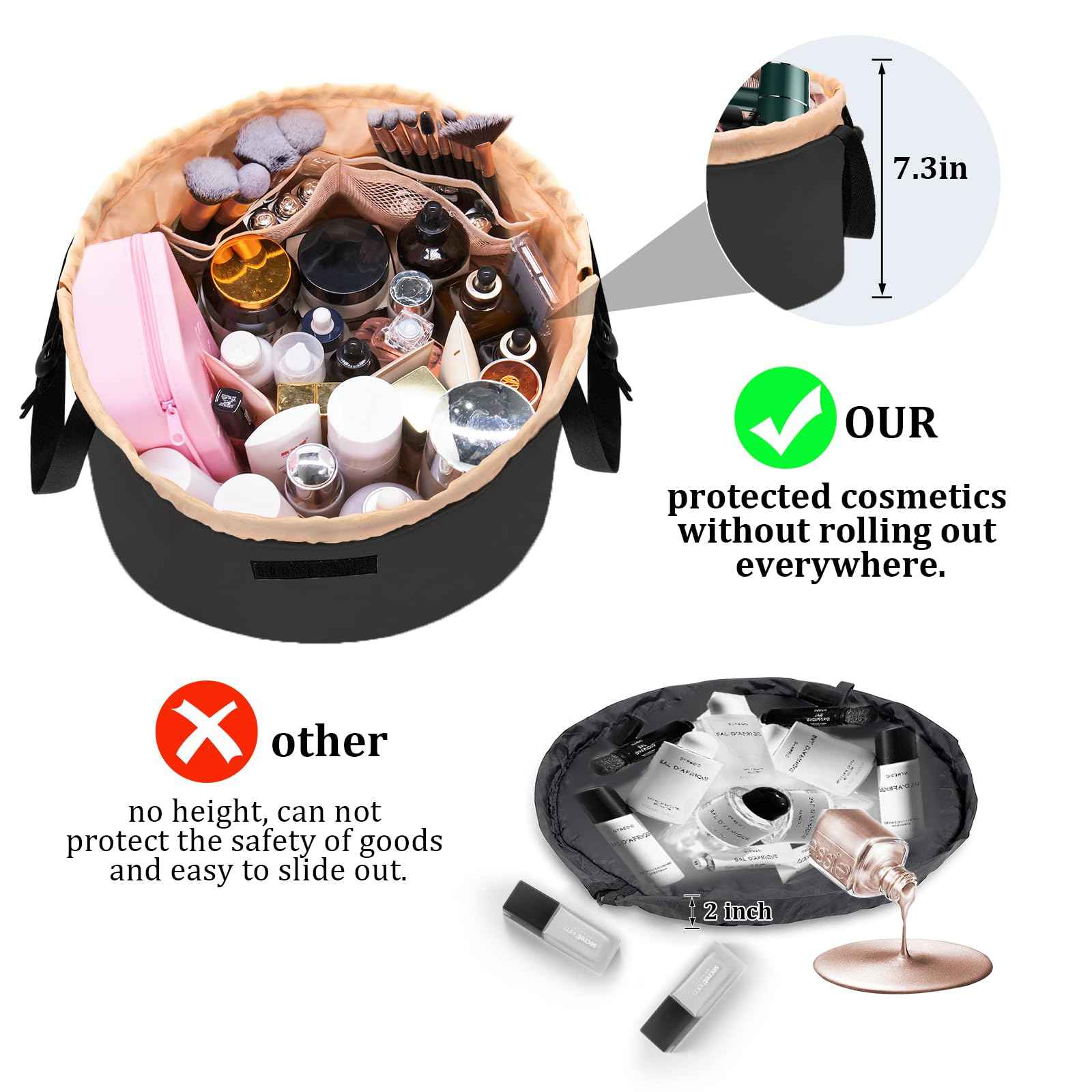 TAPMEI Barrel Drawstring Makeup Bag Large Travel Makeup Bag,Portable Large Capacity Cosmetic Bag Toiletry Organizer for Travel Accessories Make Up Essentials and Hair Product,Gifts (Black)