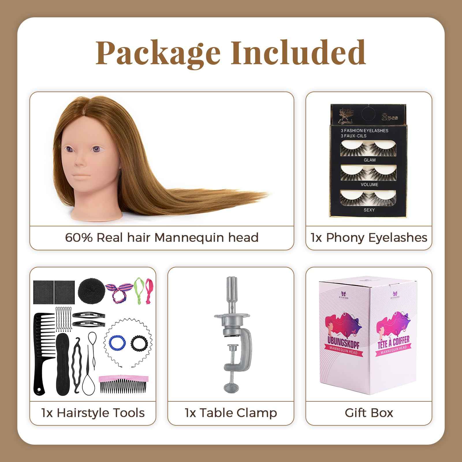 Mannequin Head with 80% Real Human Hair, 28“ Make up Cosmetology Manikin Practice Head with Hair,Braiding Hairdressing Doll Head with Table Clamp + DIY Hair Styling Set Suitable for Hair Extensions