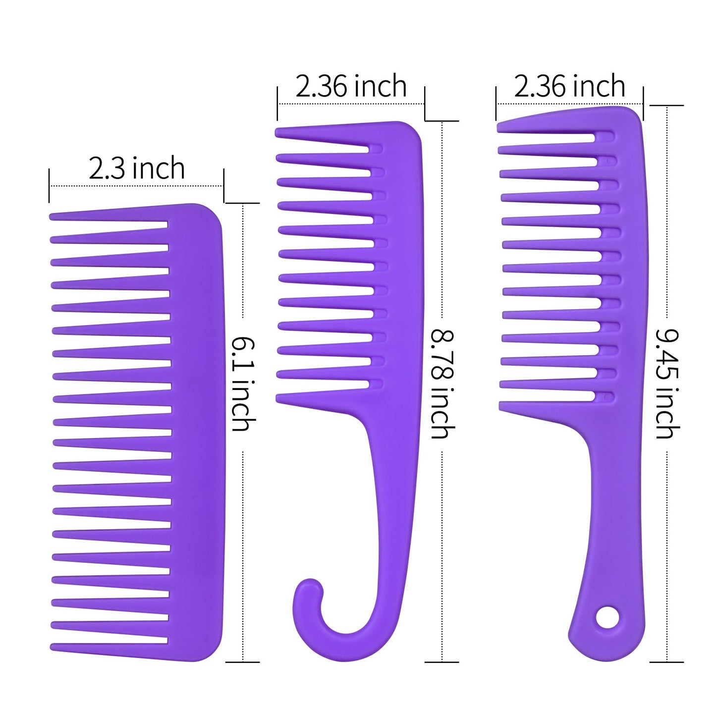 UREELIN 3PCS Wide Tooth Comb and Large Detangler Comb, Shower Comb with Hook,Hair Comb for Textured 3a to 4c Curly/Wet/Dry/Long/Thick Hair（Purple)