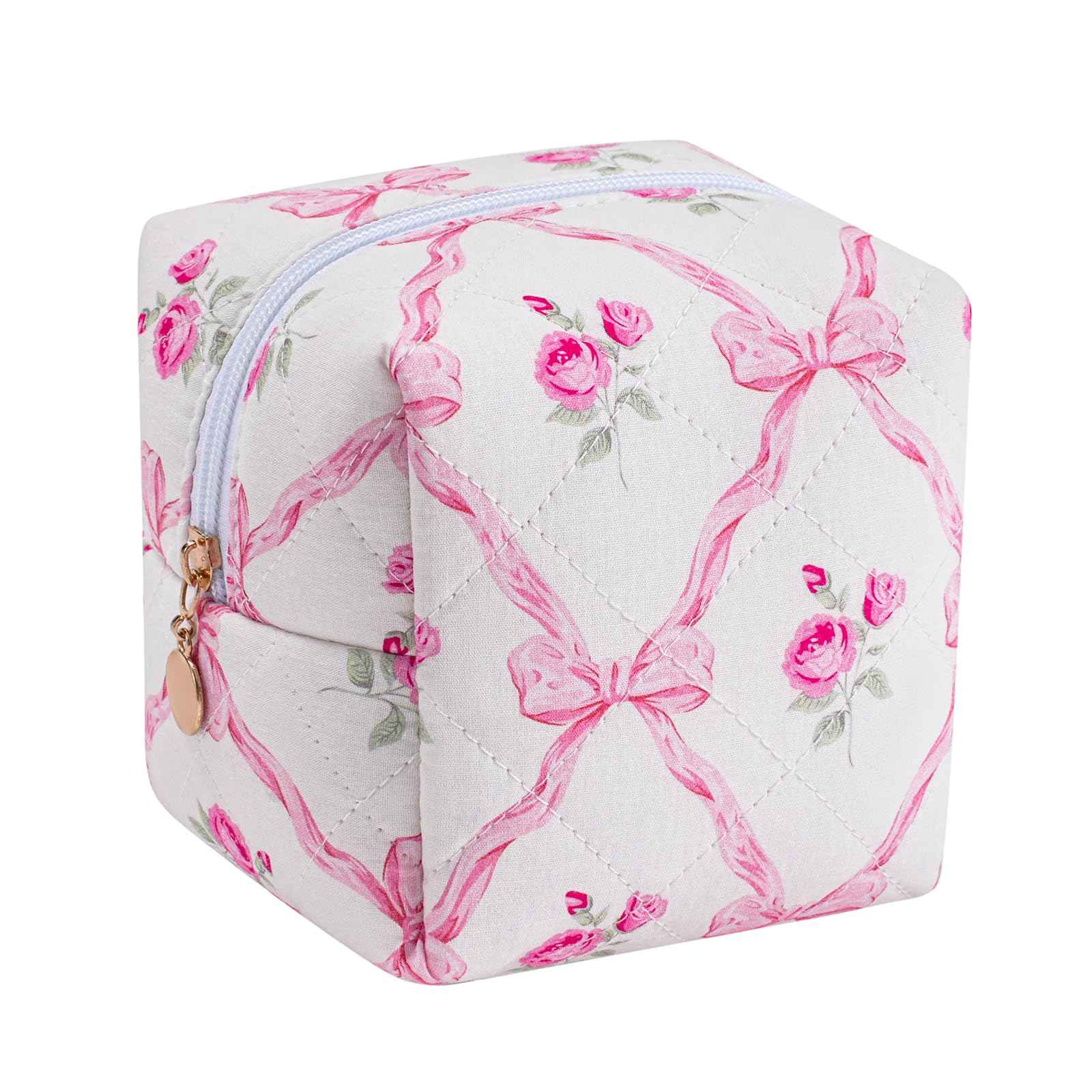 JOVAKIT Cubic Shaped Quilted Makeup Bag Cosmetic Bag for Women, Floral Coquette Cotton Cube Travel Makeup Case Zipper Make Up Pouch, Travel Storage Organizer (Pink Bowknot)